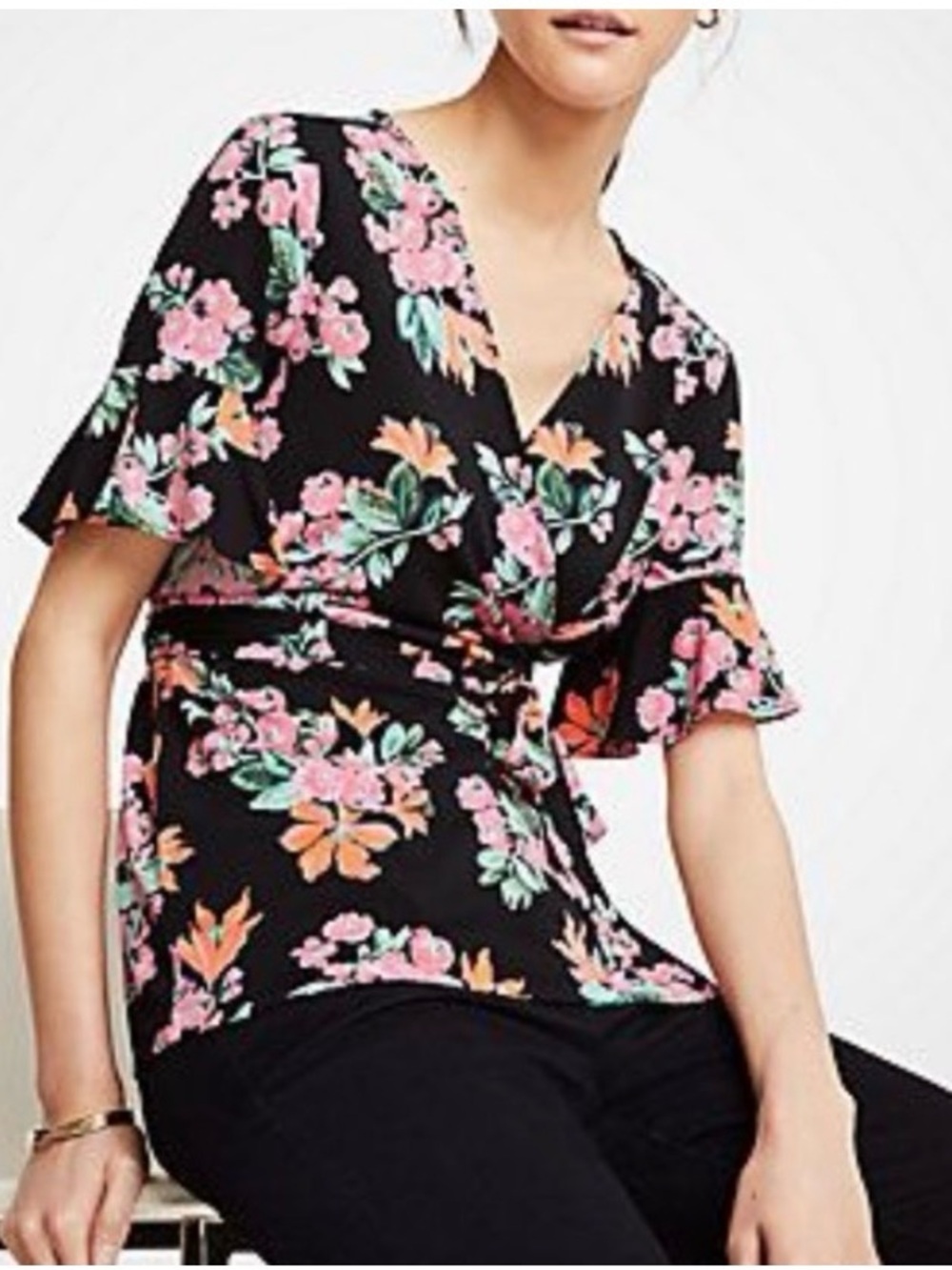 Ann Taylor Black Floral Print Flutter Sleeve Wrap Top Blouse Size S